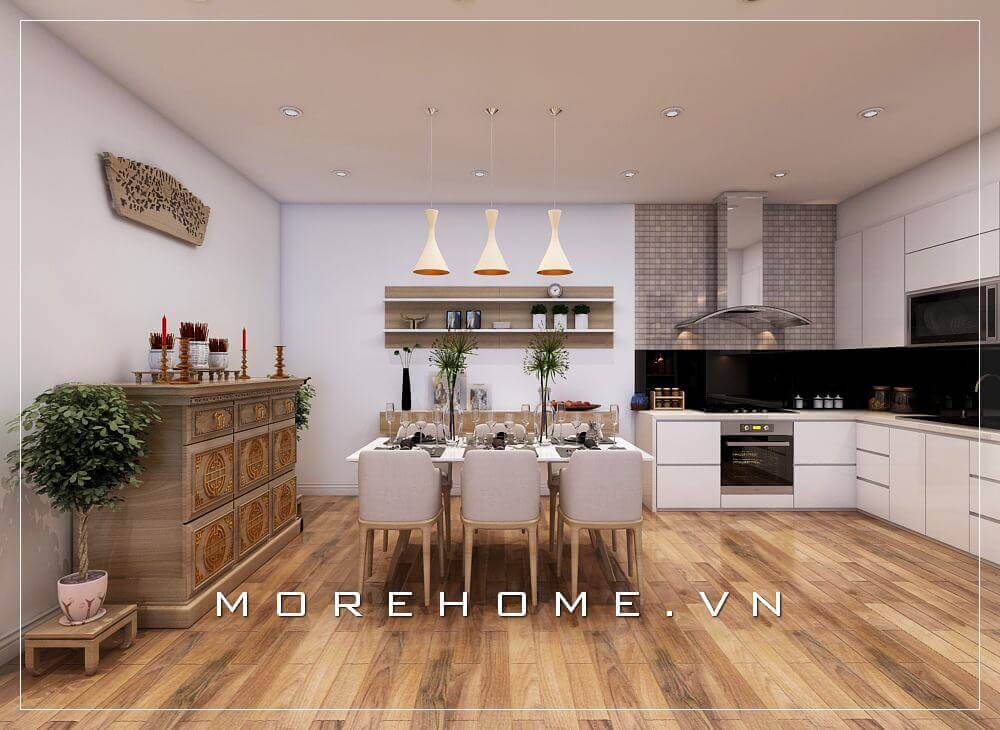 Thiết kế phòng bếp chung cư hiện đại, với nội thất tone màu trắng đơn giản và tiện nghi cho người nội trợ